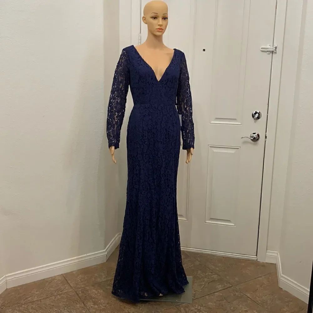 Lulus V Neck Navy Lace Long Sleeved Open Back Maxi Evening Event Party Dress NEW